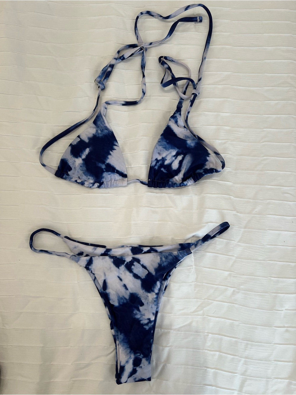 Tie-Dye Navy Blue & White Triangle String Bikini Set Size Small